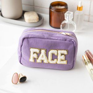 CHENILLE LETTER CORDUROY MAKEUP BAG- LAVENDER